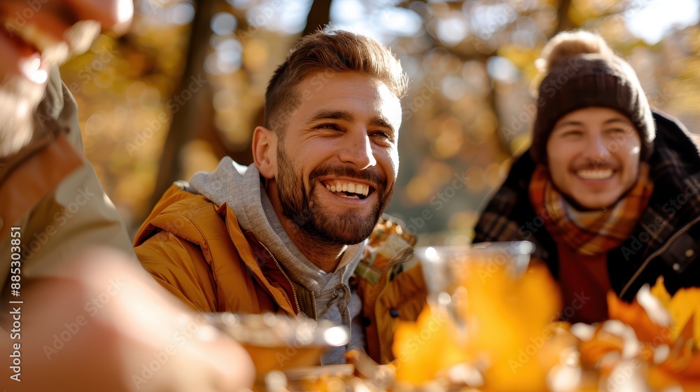 A group of friends is happily enjoying their leisure time in an autumn forest, with bright foliage around them, capturing moments of happiness, friendship, and togetherness. A group of friends is happily enjoying their leisure time in an autumn forest, with bright foliage around them, capturing moments of happiness, friendship, and togetherness.