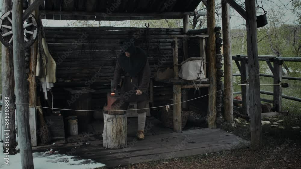 Wide shot of young male medieval village blacksmith in black cloak taking piece of red-hot iron out of forge using tongs, and beating on anvil with hammer for shaping, while working on making weapon Wide shot of young male medieval village blacksmith in black cloak taking piece of red-hot iron out of forge using tongs, and beating on anvil with hammer for shaping, while working on making weapon