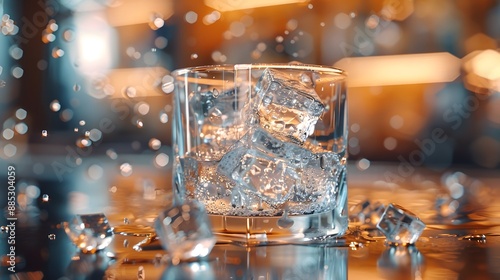 Wallpaper Mural Close up of melting ice cube in crystal tumbler, blurred bar setting, 3d rendering illustration. condensation droplets, refracted light patterns. Torontodigital.ca
