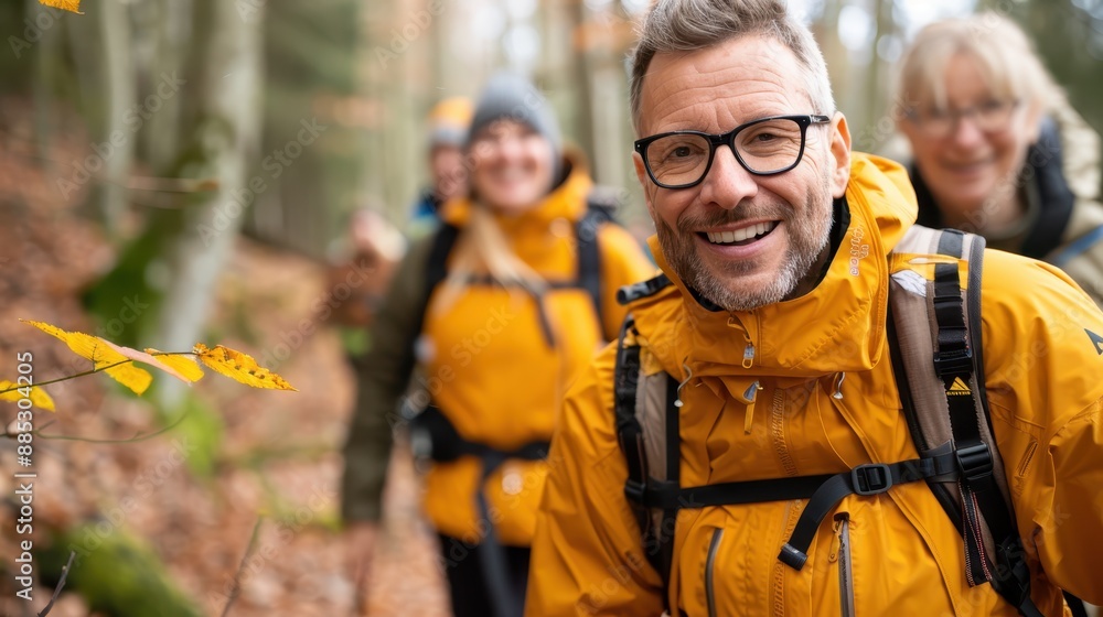 A group of hikers in an autumn forest setting, with everyone wearing warm jackets and smiling while surrounded by vibrant foliage, capturing a moment of joy and companionship. A group of hikers in an autumn forest setting, with everyone wearing warm jackets and smiling while surrounded by vibrant foliage, capturing a moment of joy and companionship.