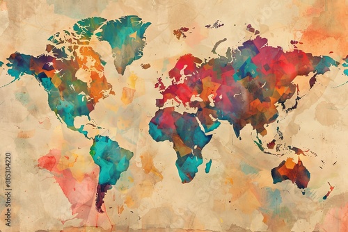 Fototapeta Naklejka Na Ścianę i Meble -  A colorful watercolor painting of a world map with continents outlined in detail. Generative AI