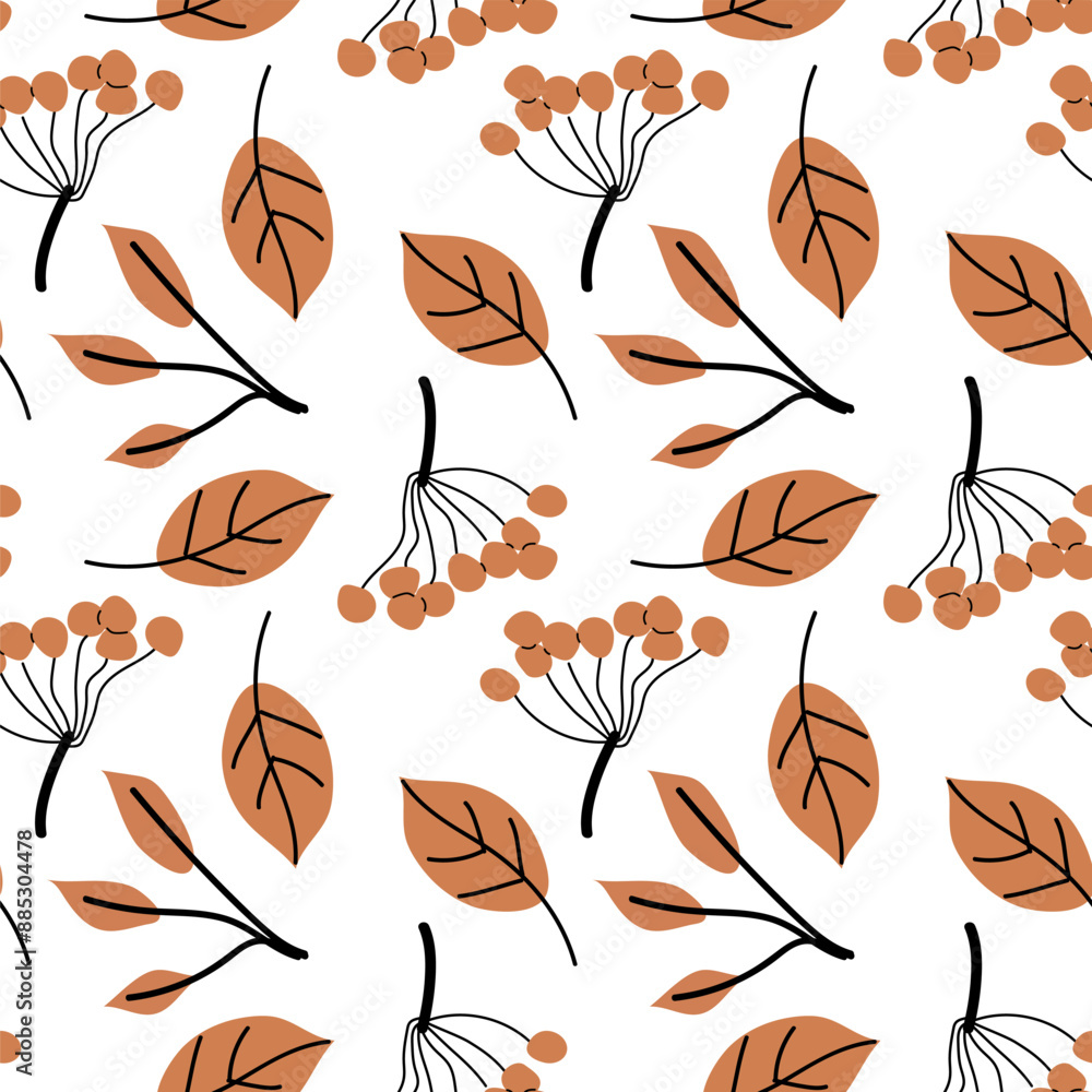 Obraz premium Autumn fall thanksgiving day seamless pattern with cute leaves, things, pumkins. Harvest decoration design. Square background with leaves, acorns, nuts.