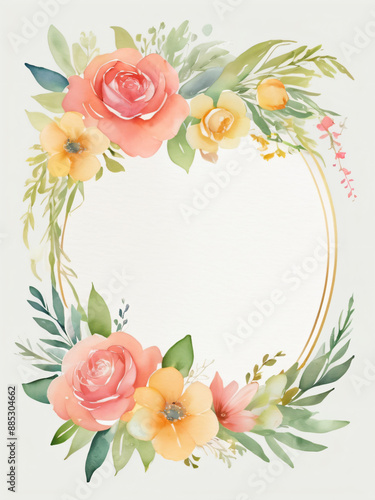A blank wedding invitation adorned with a watercolor floral frame