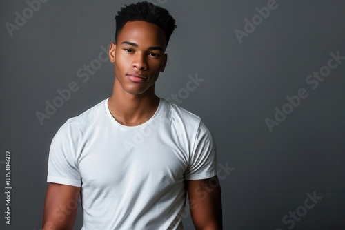confident young man in crisp white tshirt striking a casual pose against a minimalist gray backdrop studio lighting creating subtle shadows