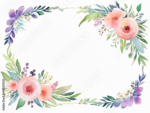 A blank wedding invitation adorned with a watercolor floral frame