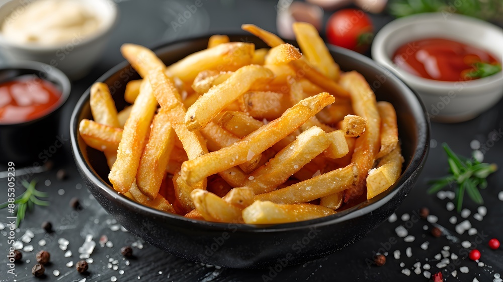 Crispy golden french fries in black ceramic bowl, luxury white marble tabletop, gourmet fast food presentation, vibrant colors, side dishes of ketchup and mayo in small ramekins. Crispy golden french fries in black ceramic bowl, luxury white marble tabletop, gourmet fast food presentation, vibrant colors, side dishes of ketchup and mayo in small ramekins.