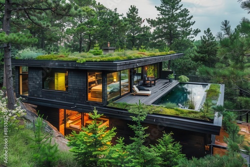 contemporary ecoretreat nestled in a dense pine forest dark wood cladding and a living roof blend seamlessly with the surroundings emphasizing sustainable architecture photo