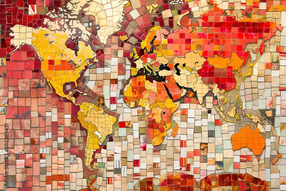Obraz premium A world map created with colorful, tiny mosaic tiles. Generative AI