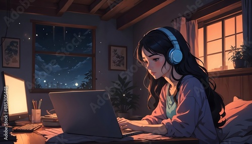 A young woman with long dark hair sitting at a desk in a cozy cabin, working on a laptop by the lamp's light. large windows overlooking a snowy forest landscape in the evening. Lo-fi, anime style.