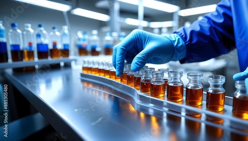 A close-up view of a gloved hand holding medical vials on a production line conveyor belt in a drug manufacturing facility, with rows of test tubes visible in the background
