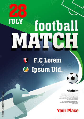 Football soccer match announcement poster template design. Stylized green football pitch, evening stadium lights, football player silhouette. Editable EPS 10 file