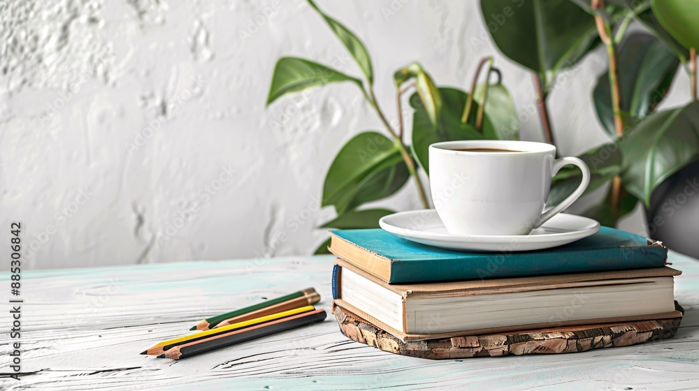 Naklejka premium A clean school desk with a stack of books, a pencil case, and a cup of coffee on a white background