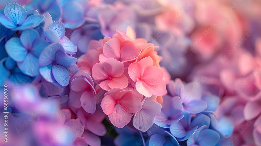 Obraz premium Macro shot of multicolored hydrangea flowers, dense cluster of pink, blue, and purple petals, soft focus, pastel palette, extreme close-up, floral texture, delicate petals.