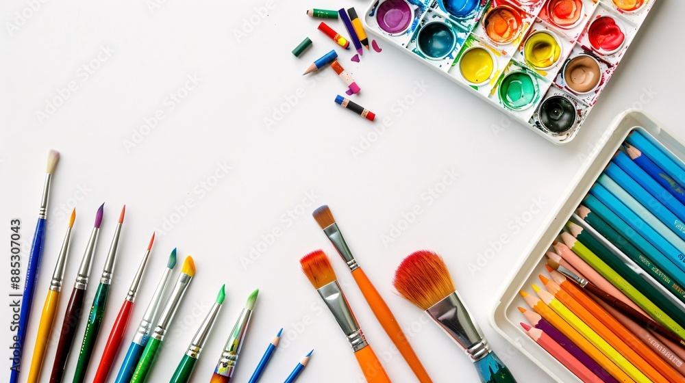 Obraz premium A school desk with art supplies, including paint brushes, a watercolor palette, and colored pencils, on a white background