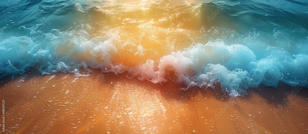 Fototapeta premium Ocean Wave Breaking on Sandy Shore at Sunset