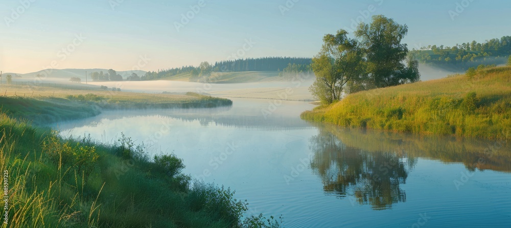 Obraz premium Serene Riverbank with Morning Mist