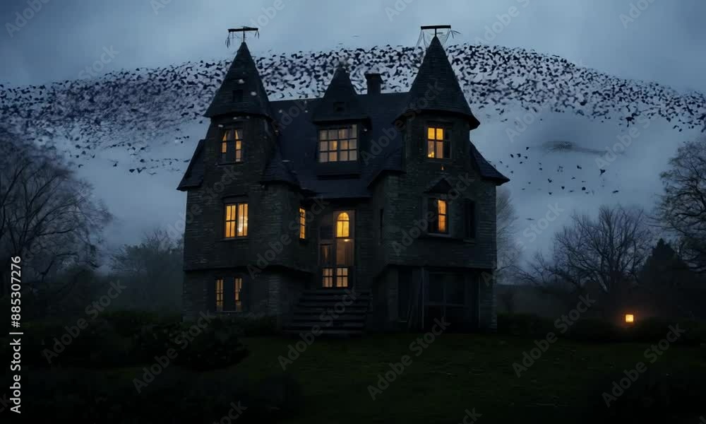 A creepy house with a dark sky and a few birds flying around it A creepy house with a dark sky and a few birds flying around it