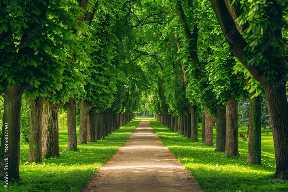 A spring landscape with a pathway through the woods, young green leaves on the trees, rows of wooded walkways in Amsterdam's Amsterdamse Bos (Forest). A spring landscape with a pathway through the woods, young green leaves on the trees, rows of wooded walkways in Amsterdam's Amsterdamse Bos (Forest).