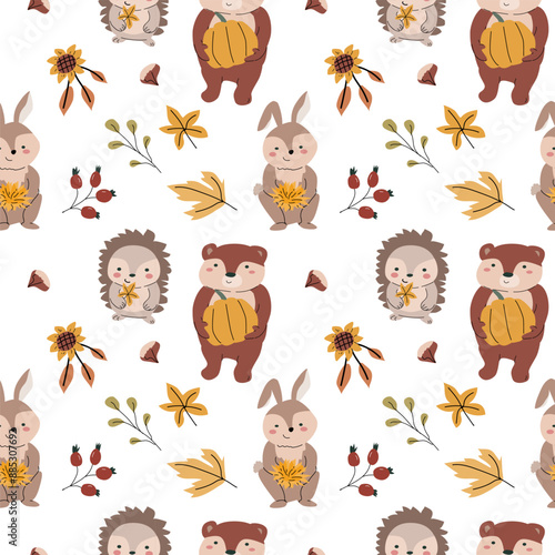 Autumn fall thanksgiving day seamless pattern with leaves, pumkins. Harvest decoration design. Square background with leaves, acorns, nuts. Childrens cute pattern with animals
