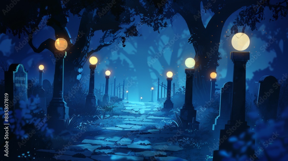 Mystical Moonlit Cemetery Path at Night Mystical Moonlit Cemetery Path at Night