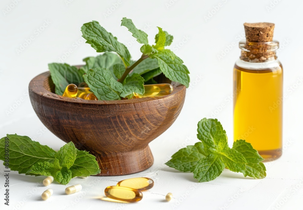 In a wooden mortar, sweet basil and hot basil are combined with essential oils and supplements. In a wooden mortar, sweet basil and hot basil are combined with essential oils and supplements.