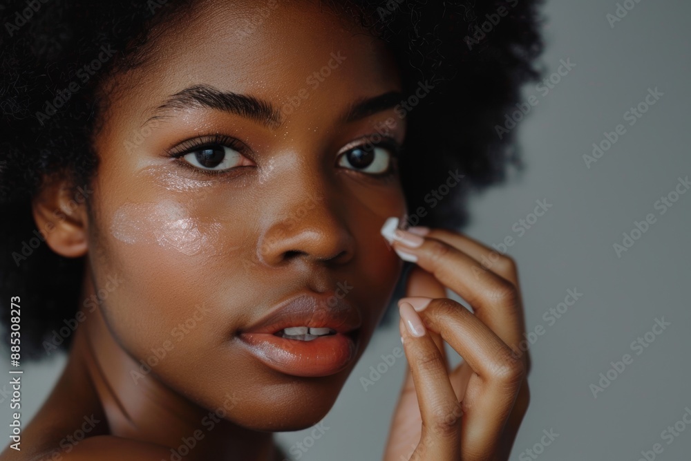 Closeup of a black woman applying beauty cream or serum on her face. Beauty skincare cosmetics. Closeup of a black woman applying beauty cream or serum on her face. Beauty skincare cosmetics.