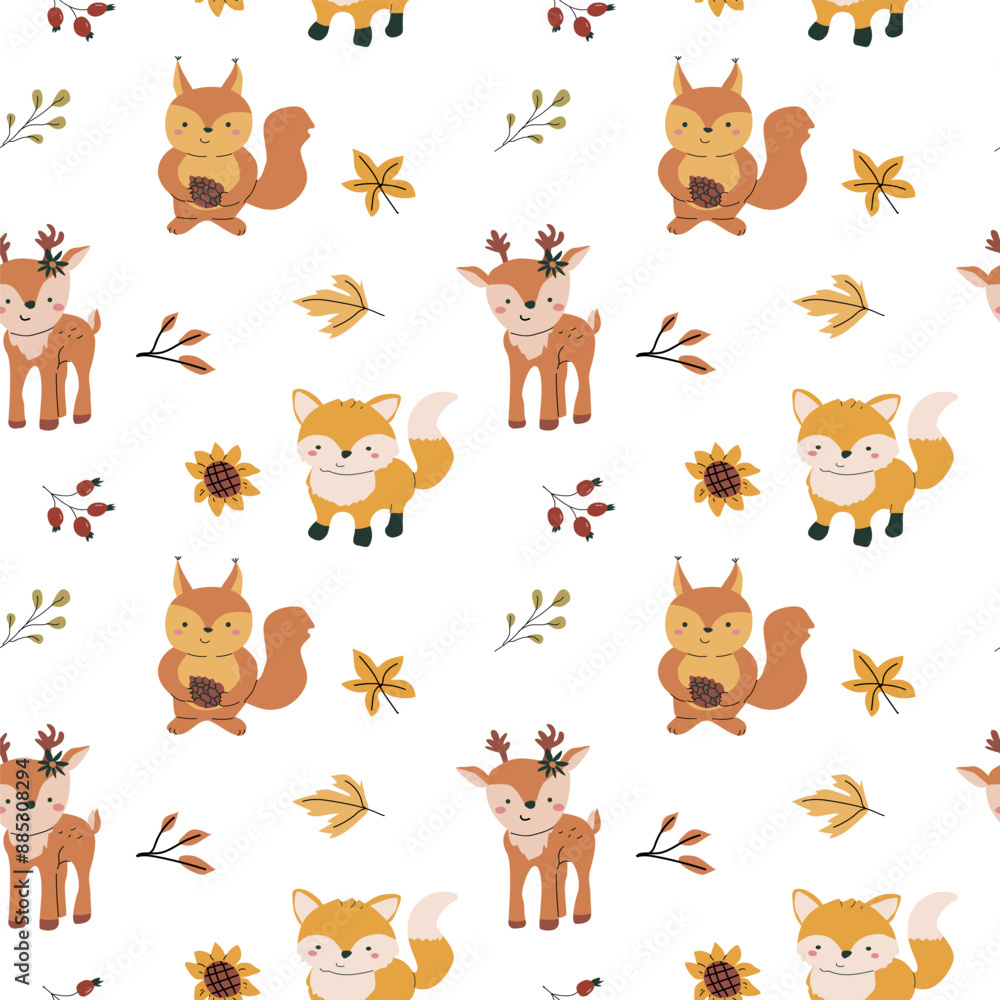 Naklejka premium Autumn fall thanksgiving day seamless pattern with leaves, pumkins. Harvest decoration design. Square background with leaves, acorns, nuts. Childrens cute pattern with animals