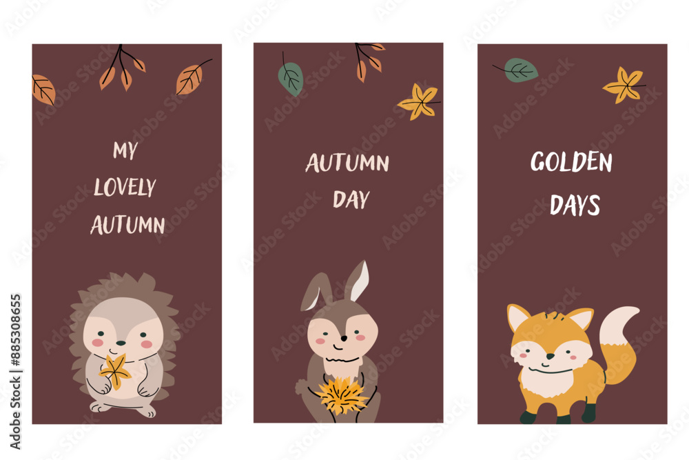 Fototapeta premium Vertical card template for fall autumn holidays. Banner for thanksgiving holiday, october seasonal celebration design. Childrens animals with fall leaves.