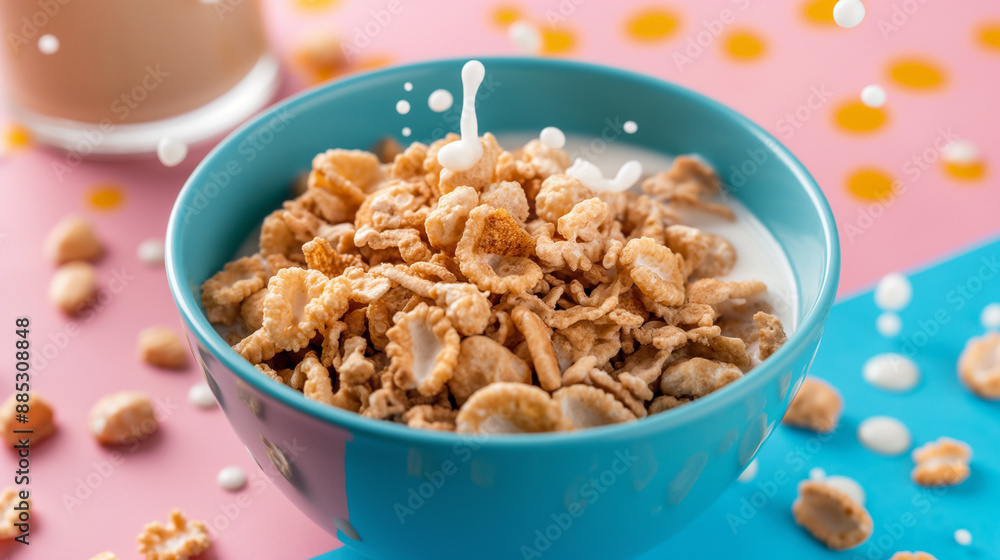 Bowl of cereal on vibrant background with milk splashes Bowl of cereal on vibrant background with milk splashes
