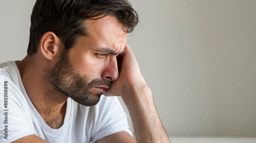 Worried Young Man Deep in Thought with Hand on Face Worried Young Man Deep in Thought with Hand on Face