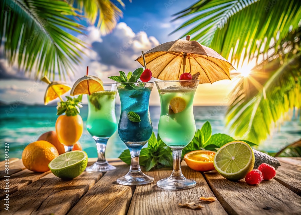 Vibrant aqua drinks garnished with umbrellas and fruit slices sit on a rustic wooden table surrounded by tropical greenery on a sun-kissed beach. Vibrant aqua drinks garnished with umbrellas and fruit slices sit on a rustic wooden table surrounded by tropical greenery on a sun-kissed beach.