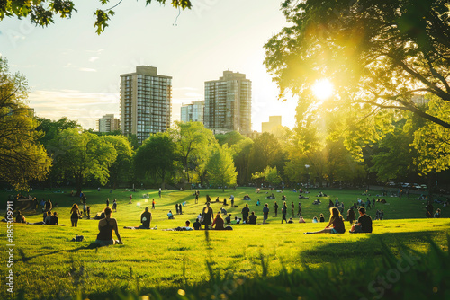 People enjoy a sunny day in a city park, relaxing on the grass surrounded by greenery and city buildings, depicting leisure in an urban setting. photo