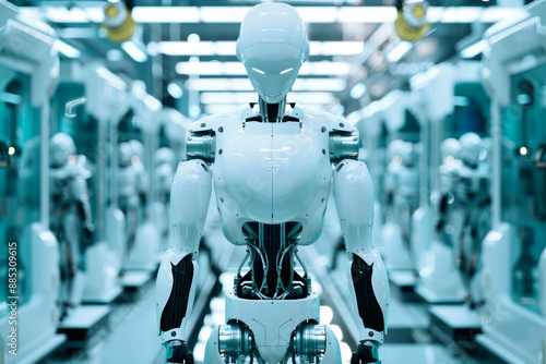 Wallpaper Mural A sleek white humanoid robot stands in the center of a bright and technologically advanced factory, ready for industrial tasks. Torontodigital.ca