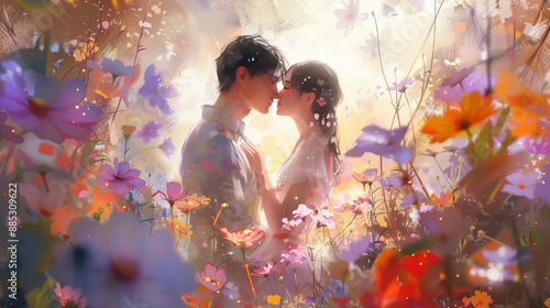 A couple sharing a kiss in a sunlit garden, surrounded by pastelcolored flowers, watercolor effect, gentle and luminous photo