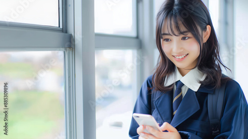 笑顔でスマホを見る女子高生