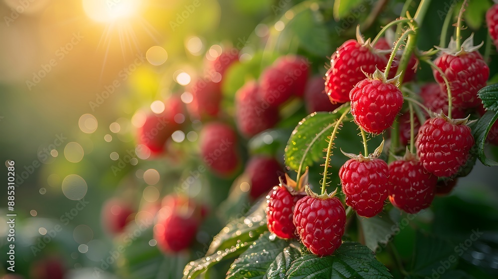 Ripe raspberries on the bush, vibrant red berries, lush green leaves, soft sunlight, golden hour, macro photography, shallow depth of field, garden scene, summer harvest. Ripe raspberries on the bush, vibrant red berries, lush green leaves, soft sunlight, golden hour, macro photography, shallow depth of field, garden scene, summer harvest.