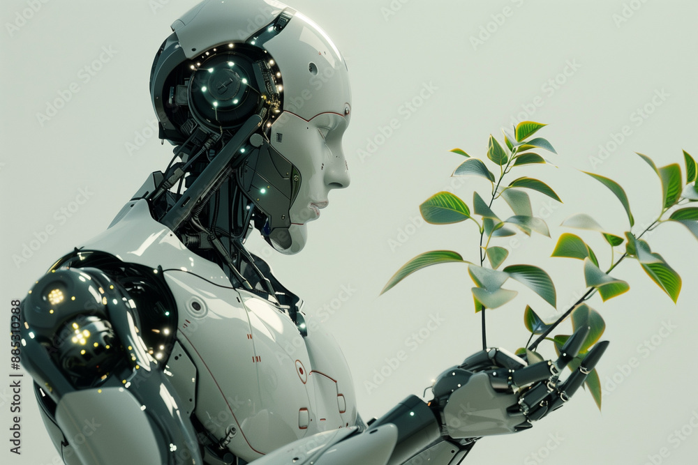 Robot Holding a Plant in a White Flat Background, Robot Gently Holding a Plant in a Minimalist Setting, Robot Nurturing a Plant on a Pristine White Background, Tech Meets Nature concept banner design Robot Holding a Plant in a White Flat Background, Robot Gently Holding a Plant in a Minimalist Setting, Robot Nurturing a Plant on a Pristine White Background, Tech Meets Nature concept banner design