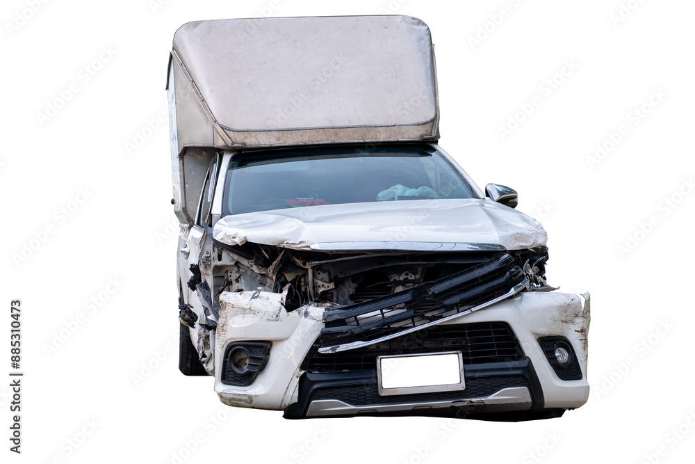 Full body front view of white delivery car get damaged by accident on the road. damaged cars after collision. Isolated on transparent background, PNG File Full body front view of white delivery car get damaged by accident on the road. damaged cars after collision. Isolated on transparent background, PNG File