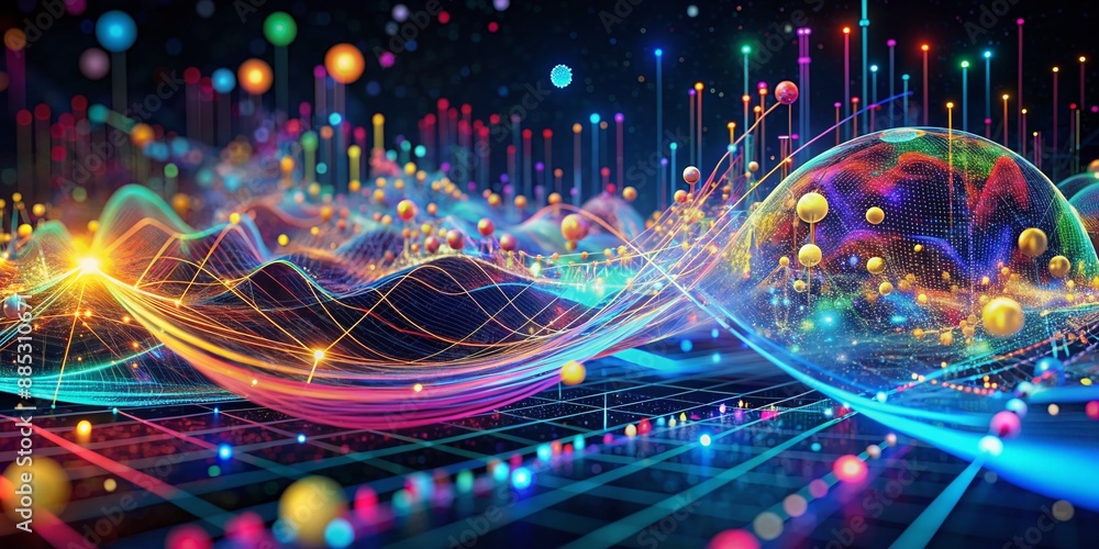 Naklejka premium Vibrant colorful 3D illustration of swirling data streams, nodes, and charts, showcasing AI-generated insights, trends, and patterns in a futuristic digital landscape.