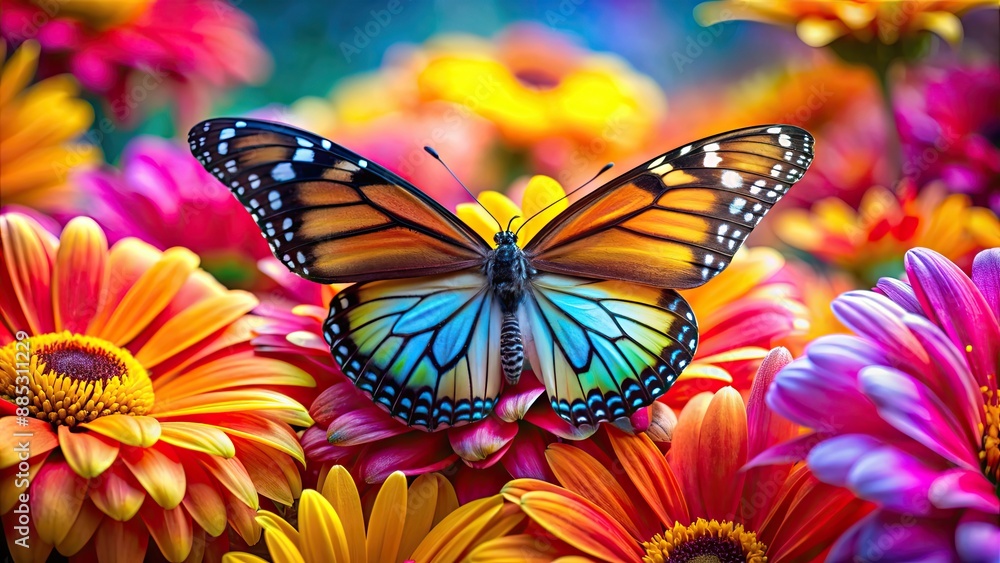 Vibrant butterfly resting on colorful flower petals , nature, wildlife, beauty, insect, wings, pollination, spring, flora Vibrant butterfly resting on colorful flower petals , nature, wildlife, beauty, insect, wings, pollination, spring, flora