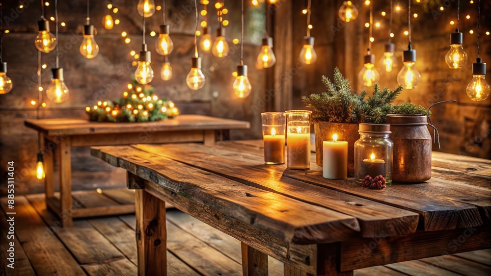 Warm ambiance surrounds a rustic wooden table adorned with softly glowing blurred lights, nestled in a cozy setting surrounded by natural earthy tones. Warm ambiance surrounds a rustic wooden table adorned with softly glowing blurred lights, nestled in a cozy setting surrounded by natural earthy tones.