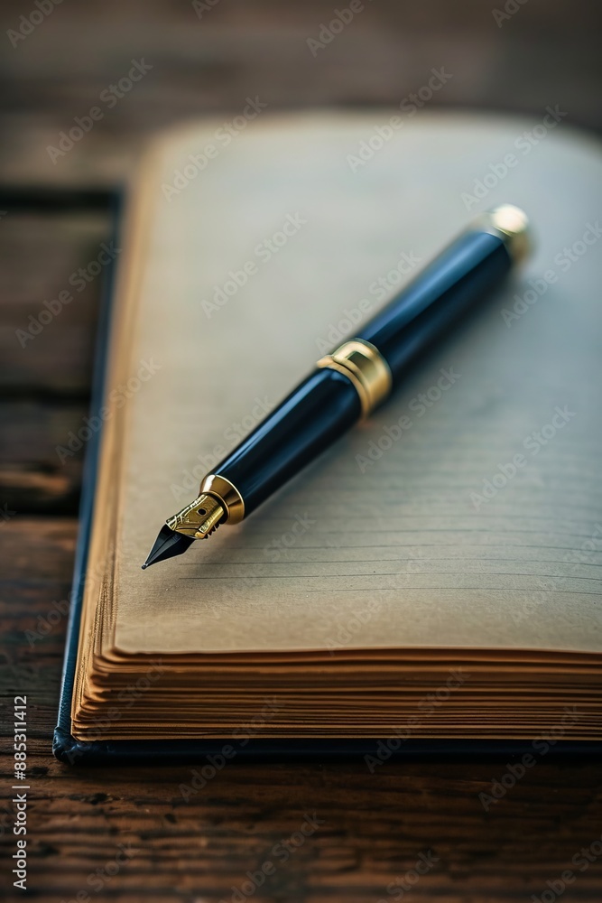 A cinematic isolated image of a pen poised over a blank book AI genrated illustration A cinematic isolated image of a pen poised over a blank book AI genrated illustration