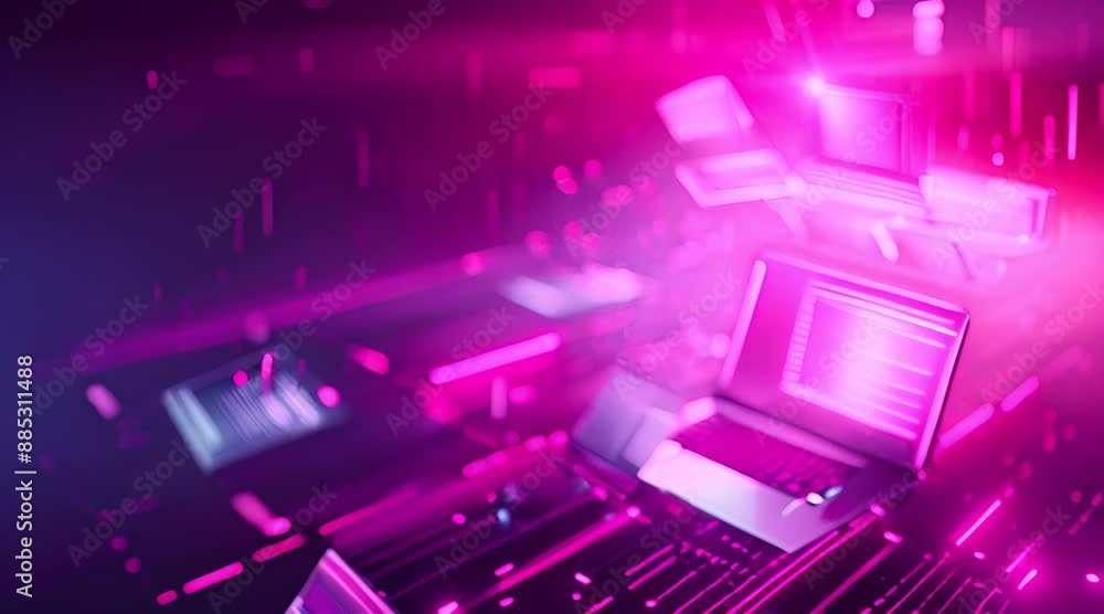 Digital technology concept with a laptop surround by paper. Generate AI Video Digital technology concept with a laptop surround by paper. Generate AI Video