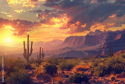 Near Phoenix, Arizona, USA, a desert sunset with mountains