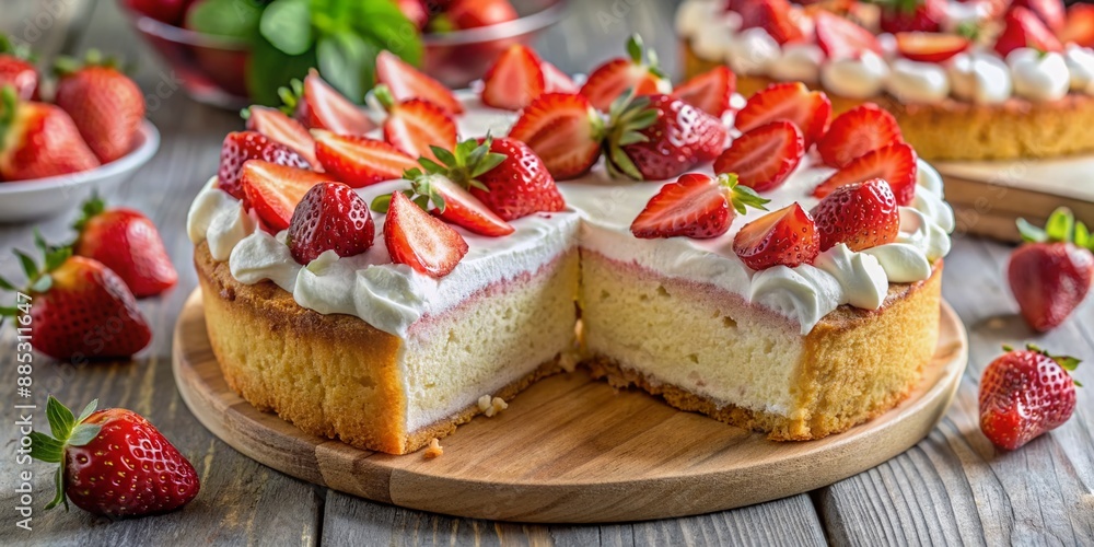 Deliciously layered strawberry yogurt topped meringue cake sliced to reveal a fluffy white interior, surrounded by fresh strawberries and a sprinkle of sugar. Deliciously layered strawberry yogurt topped meringue cake sliced to reveal a fluffy white interior, surrounded by fresh strawberries and a sprinkle of sugar.