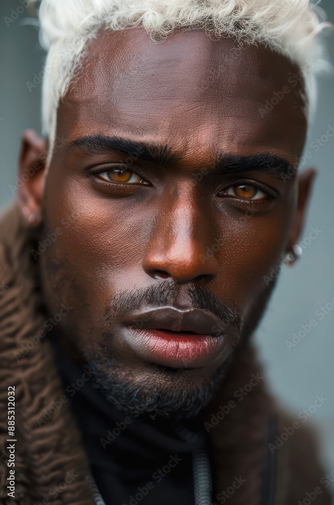 Closeup portrait of a handsome African American man with short bleached white hair and brown eyes. Closeup portrait of a handsome African American man with short bleached white hair and brown eyes.
