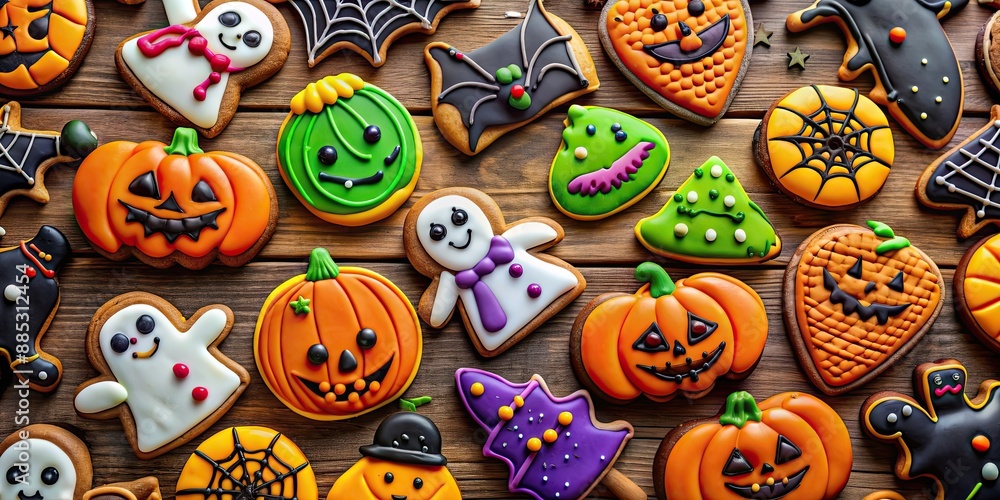 Colorful Halloween themed icing gingerbread cookies from a top view, festive, Halloween, decorated, colorful Colorful Halloween themed icing gingerbread cookies from a top view, festive, Halloween, decorated, colorful