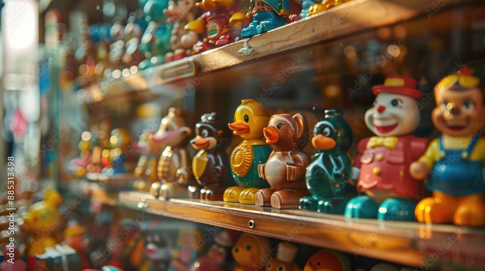 Wooden toys on shelves in toy shop. Wooden toys on shelves in toy shop.