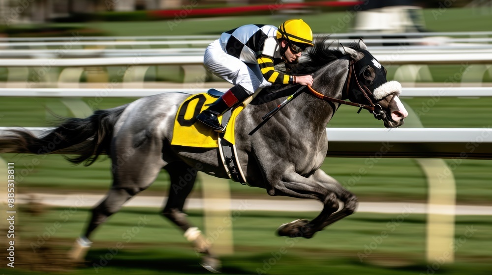 Focused and determined jockey participating in horse racing, derby racking, galloping atop of purebred black horse. Blurred background. Hight speed Focused and determined jockey participating in horse racing, derby racking, galloping atop of purebred black horse. Blurred background. Hight speed