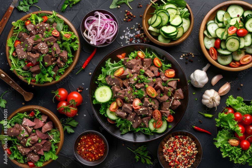 Spicy Salads Set, Salat Collection with Beef Meat and Vegetables Salats Top View, Restaurant Buffet Menu Spicy Salads Set, Salat Collection with Beef Meat and Vegetables Salats Top View, Restaurant Buffet Menu